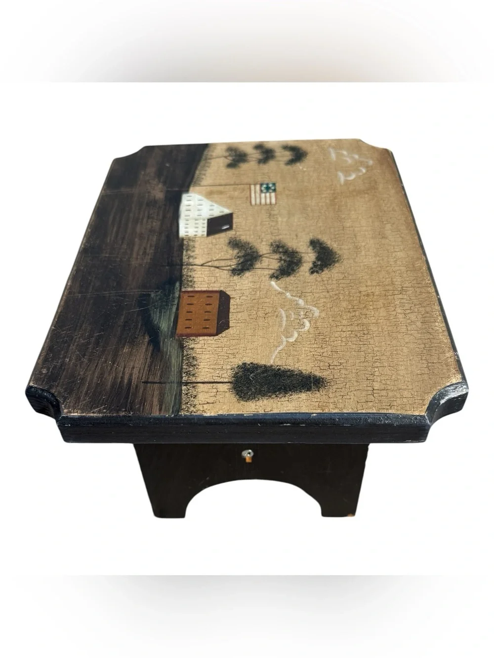 Vintage Hand Painted Primitive Americana Wood Footstool Folk Art Farmhouse Decor